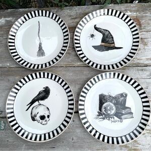 Black & white Halloween ceramic salad desert Plates candy stripe nwt